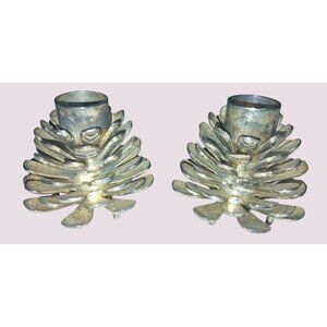 Pair Of Silver-Plated Pinecone Candle Holders Midwestern Home 2.5"H Embossed Des